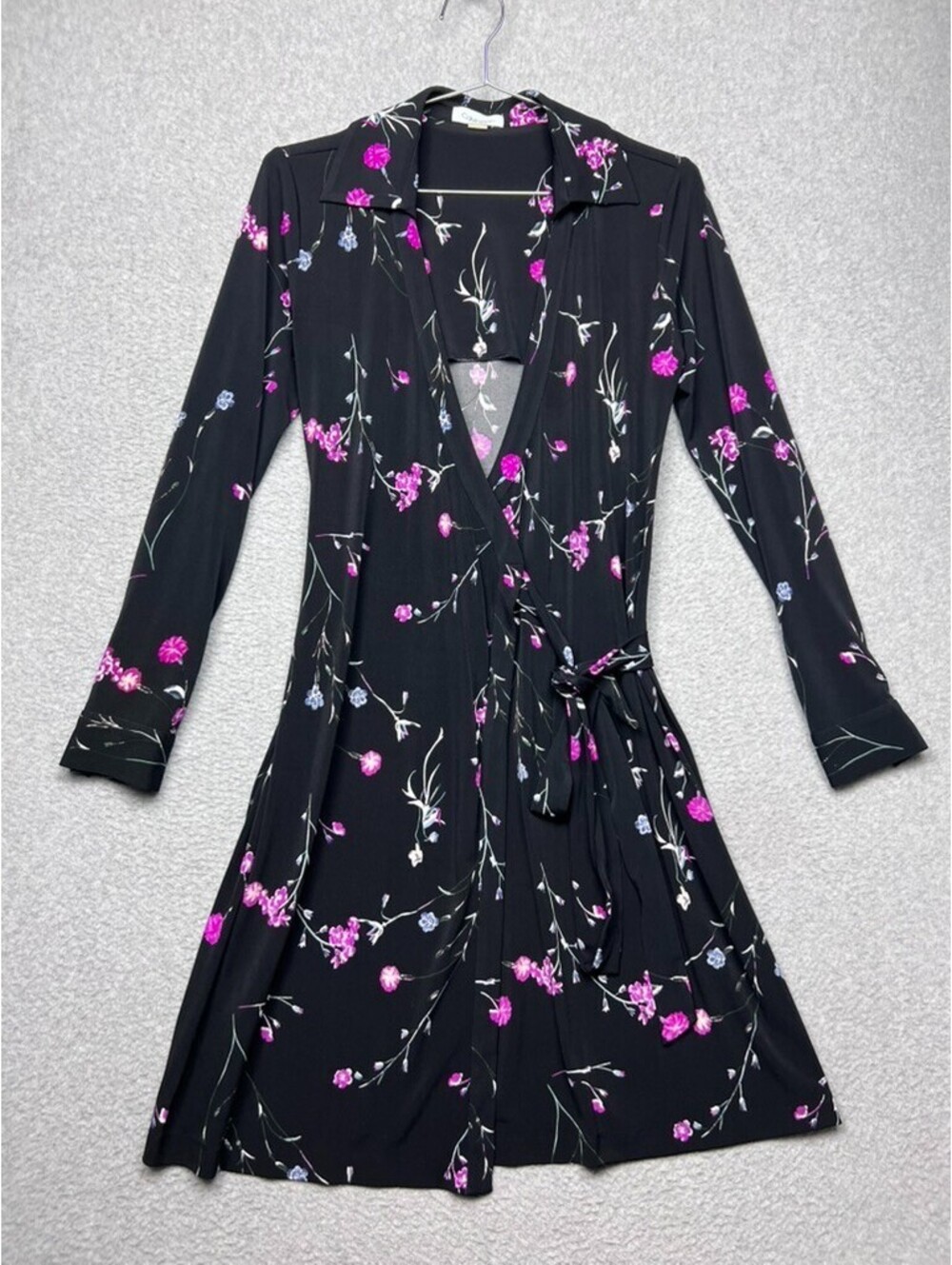 Calvin Klein Collared Faux Wrap Dress 4 Jersey Stretch Long Sleeve Floral Office